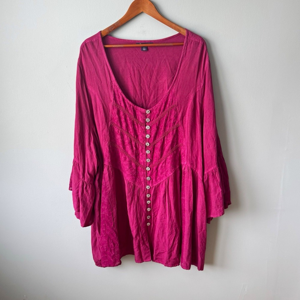 Roaman's Plus Size Boho Embroidered Button-Front Tunic Top Fuchsia Pink